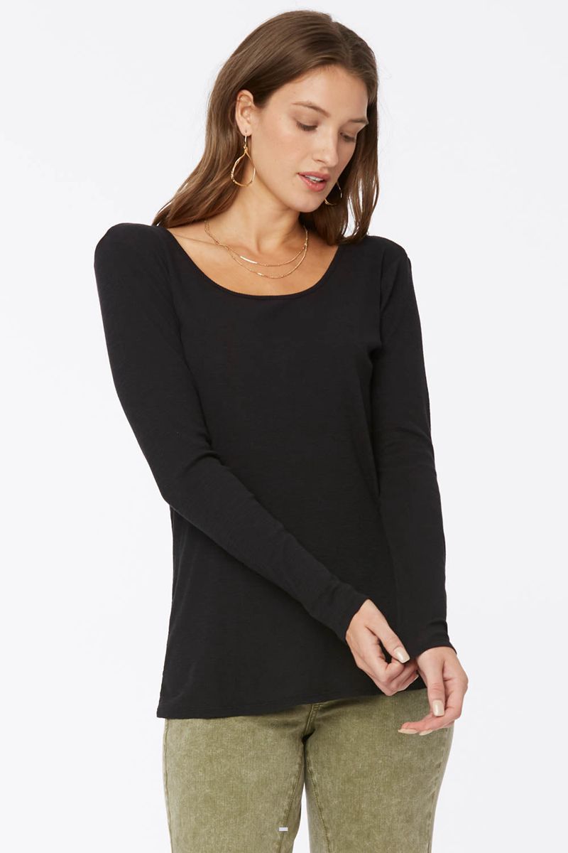 Black Women's NYDJ Long Sleeved Ribbed Scoopneck T-Shirts | NZ 135BFYCAZ