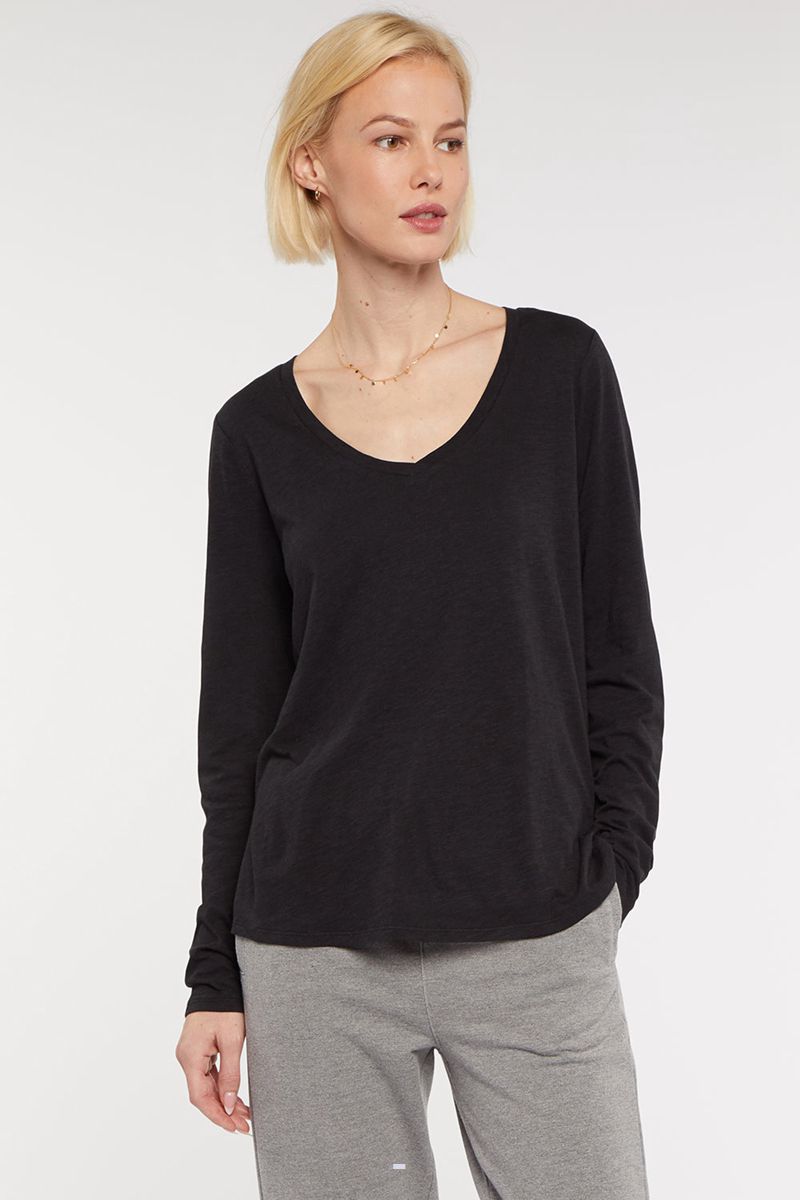 Black Women's NYDJ Long Sleeved V-Neck T-Shirts | NZ 293SLJCWG