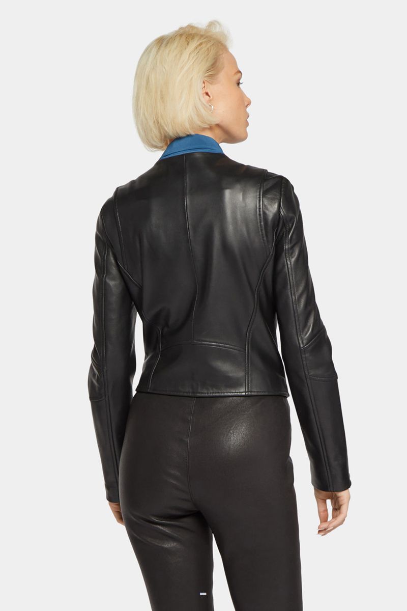 Black Women's NYDJ Peyton Stretch Leather Moto Jackets | NZ 683MJFWUX