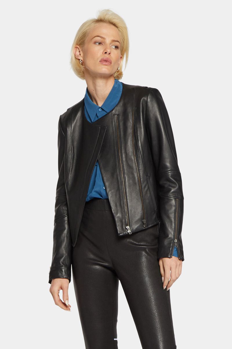 Black Women's NYDJ Peyton Stretch Leather Moto Jackets | NZ 683MJFWUX