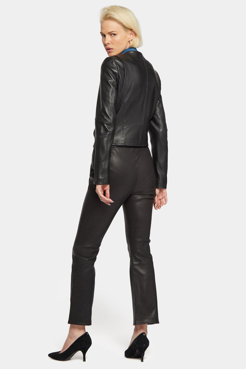 Black Women's NYDJ Peyton Stretch Leather Moto Jackets | NZ 683MJFWUX