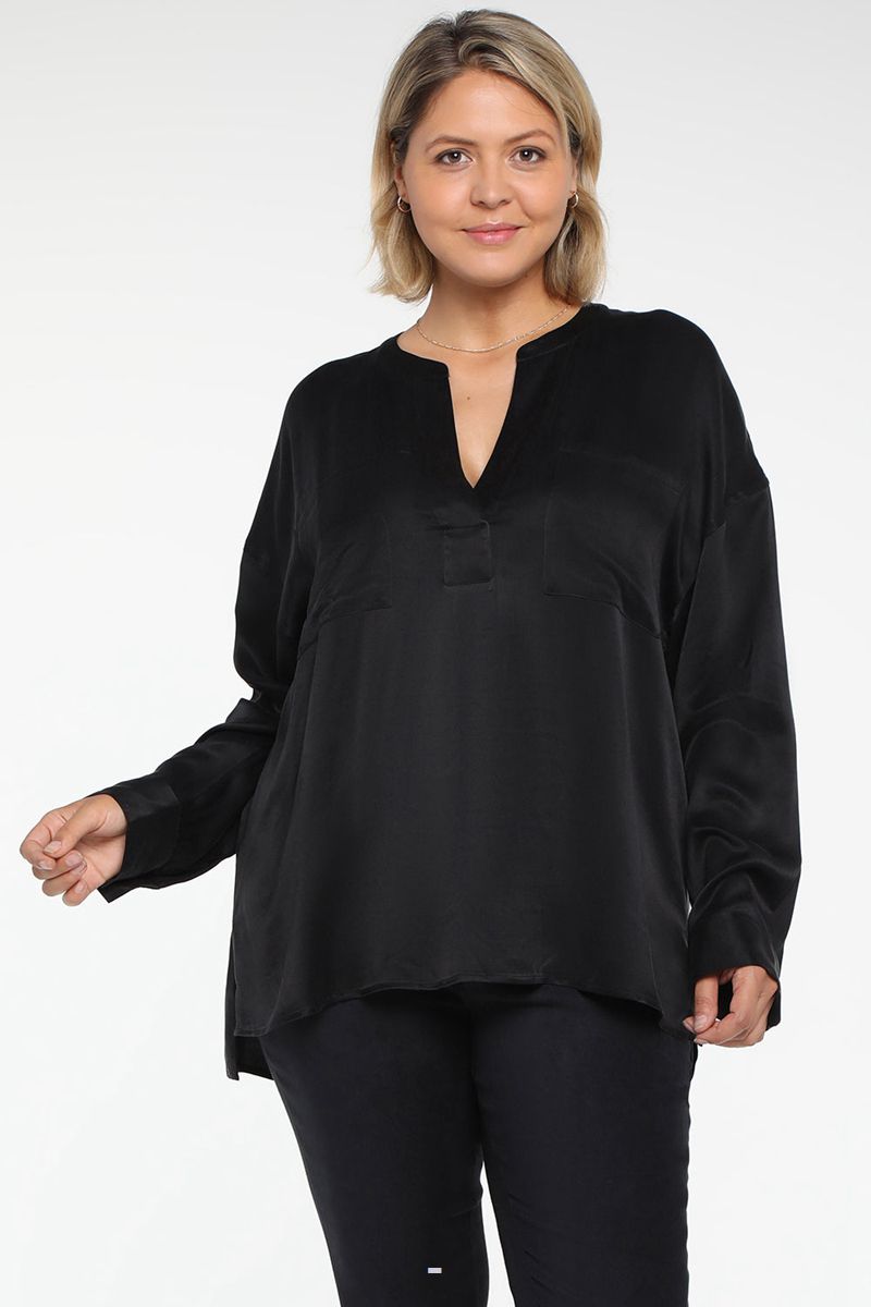 Black Women's NYDJ Plus Woven Henley Tops | NZ 983PFMNYG