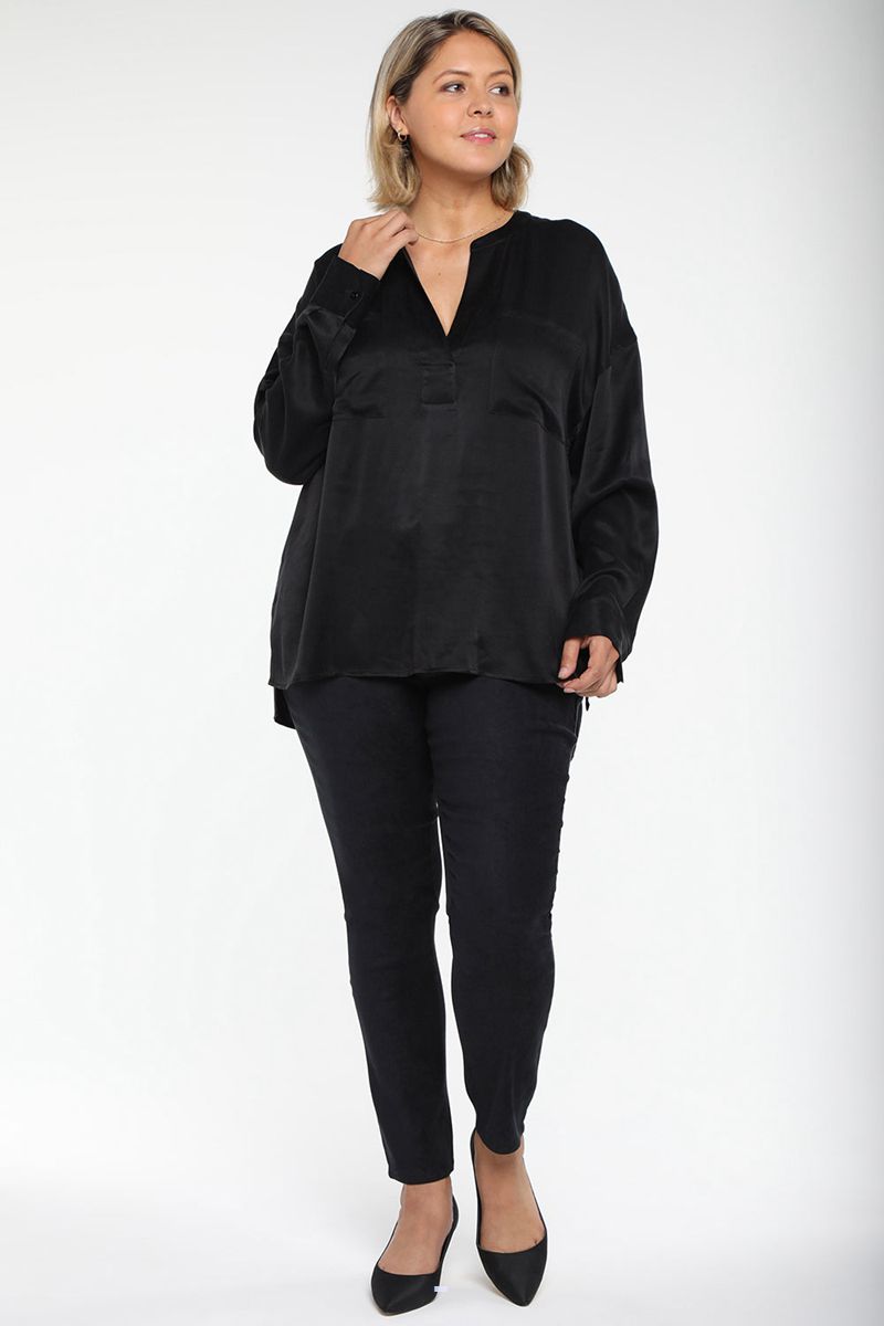 Black Women's NYDJ Plus Woven Henley Tops | NZ 983PFMNYG