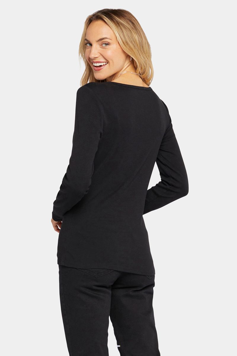 Black Women's NYDJ Ribbed Long Sleeved Henley Shirts | NZ 342PUKODG