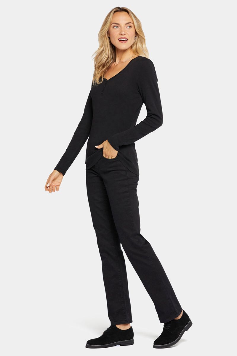 Black Women's NYDJ Ribbed Long Sleeved Henley Shirts | NZ 342PUKODG