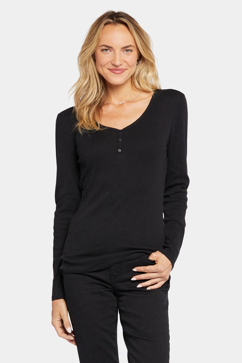 Black Women's NYDJ Ribbed Long Sleeved Henley Shirts | NZ 342PUKODG