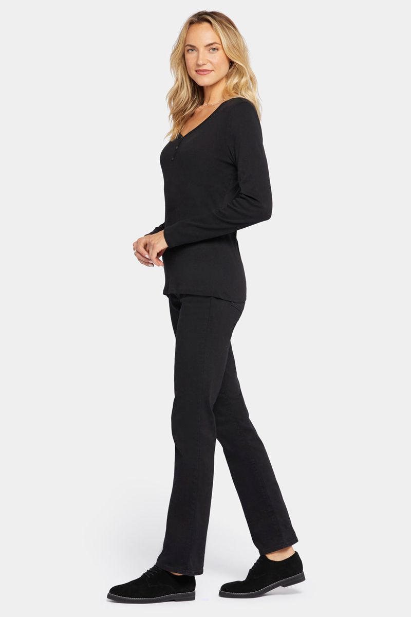 Black Women's NYDJ Ribbed Long Sleeved Henley Shirts | NZ 342PUKODG