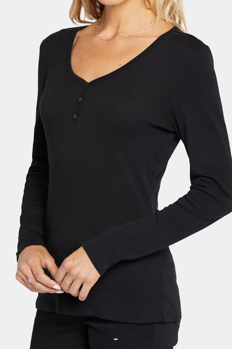 Black Women's NYDJ Ribbed Long Sleeved Henley Shirts | NZ 342PUKODG