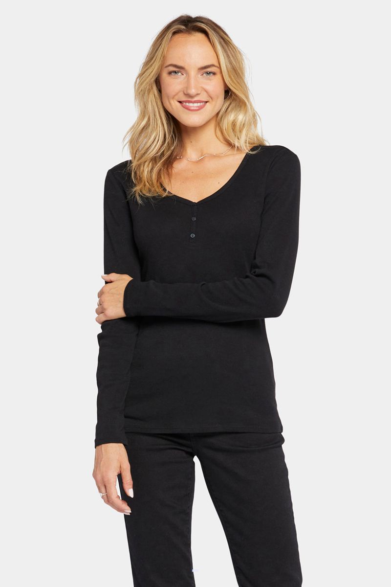 Black Women\'s NYDJ Ribbed Long Sleeved Henley Shirts | NZ 342PUKODG