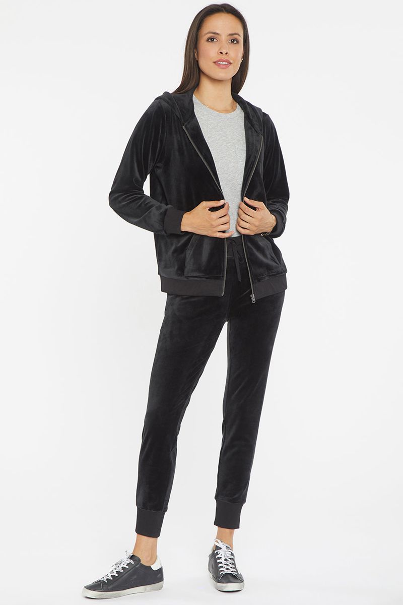 Black Women's NYDJ Velour Zip Front Hoodie | NZ 396FZHINC