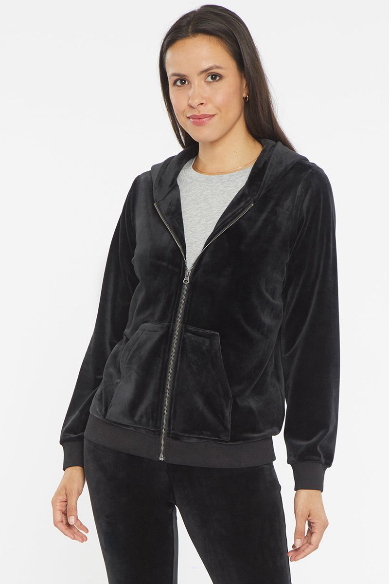 Black Women's NYDJ Velour Zip Front Hoodie | NZ 396FZHINC