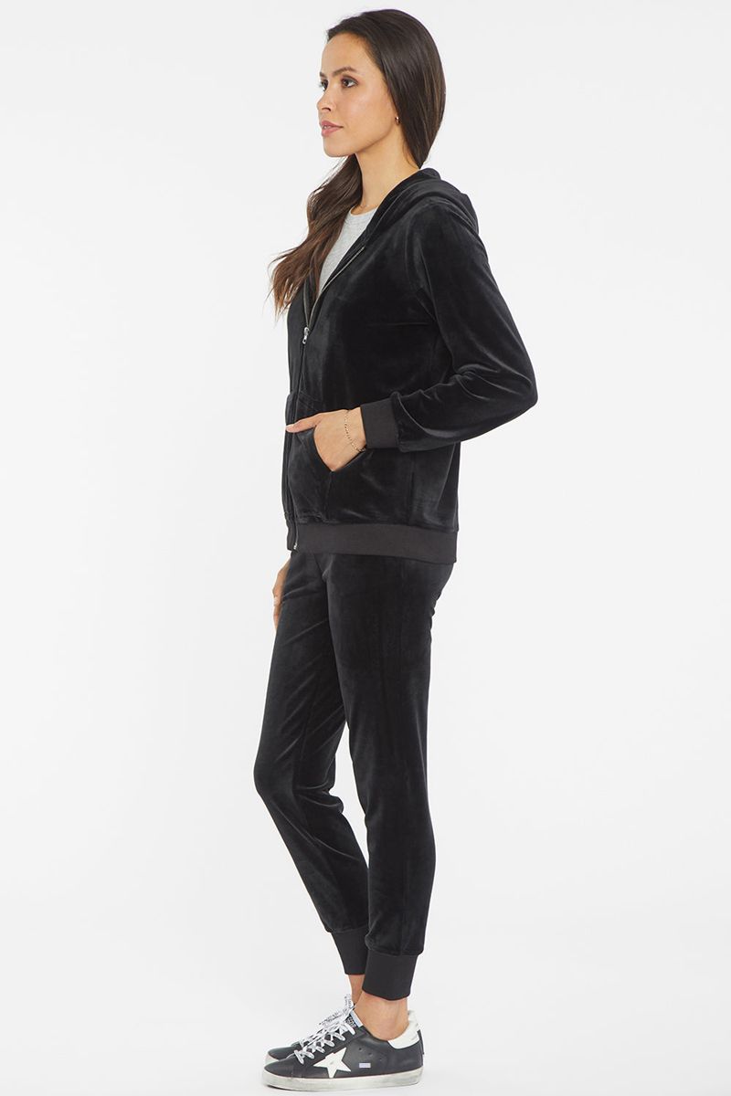 Black Women's NYDJ Velour Zip Front Hoodie | NZ 396FZHINC