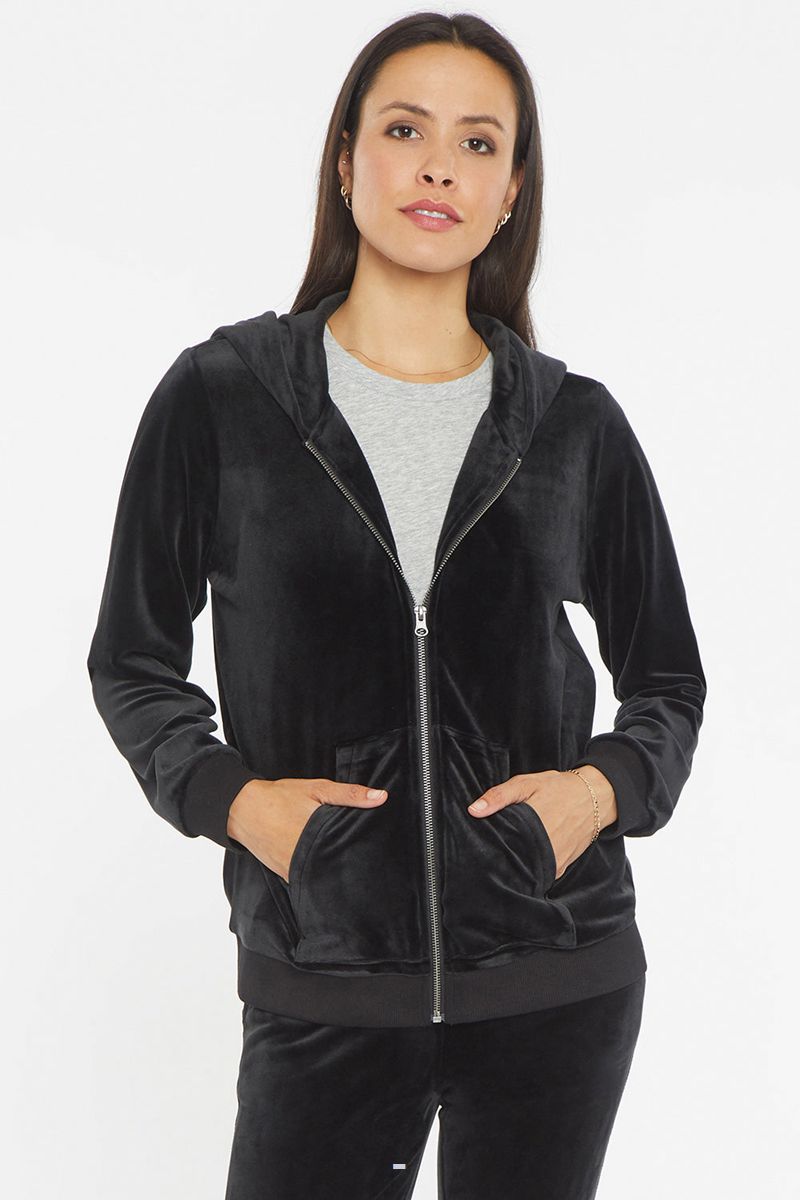 Black Women\'s NYDJ Velour Zip Front Hoodie | NZ 396FZHINC