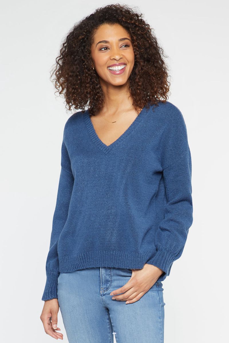 Blue Women's NYDJ V-Neck Sweaters | NZ 261UJSTHG