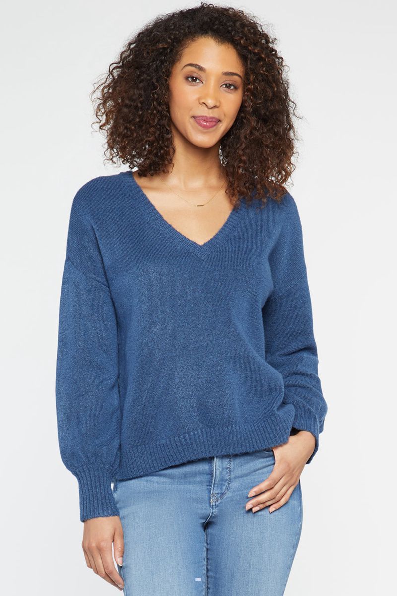 Blue Women\'s NYDJ V-Neck Sweaters | NZ 261UJSTHG