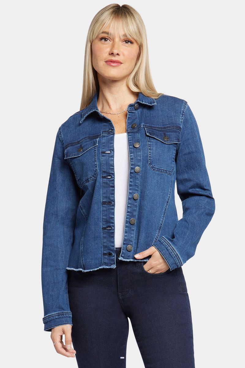 Dark Blue Women\'s NYDJ Frayed Hem Denim Jackets | NZ 580SBZQHI