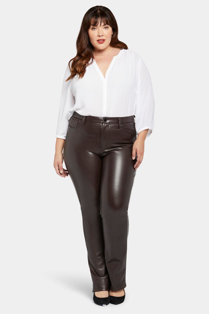 Dark Brown Women's NYDJ Plus Faux Leather Marilyn Straight Pants | NZ 092KLORJQ