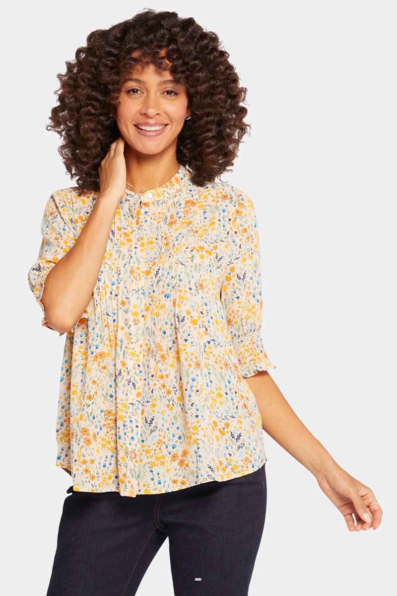 Flower Women's NYDJ Pleated Short Sleeved Blouse | NZ 165XUNCZQ