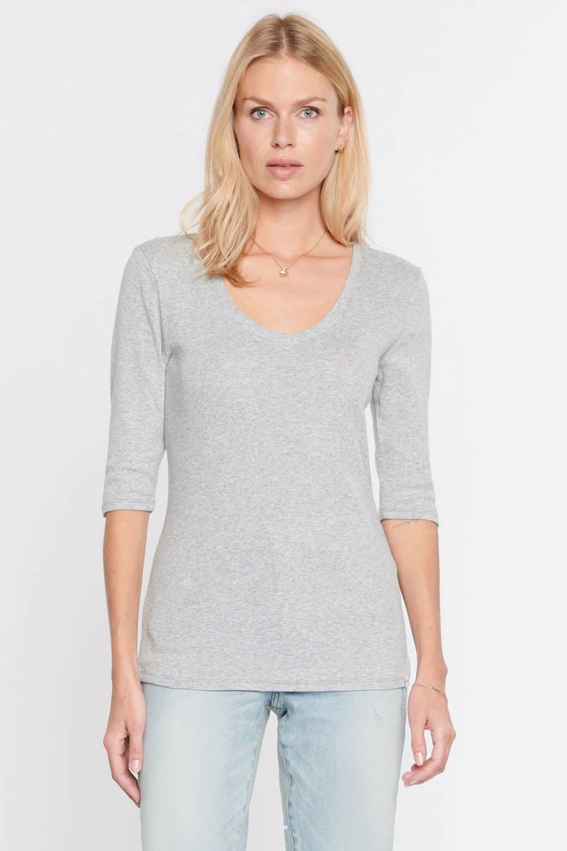 Light Grey Women\'s NYDJ Ribbed V-Neck T-Shirts | NZ 782EVKNPM