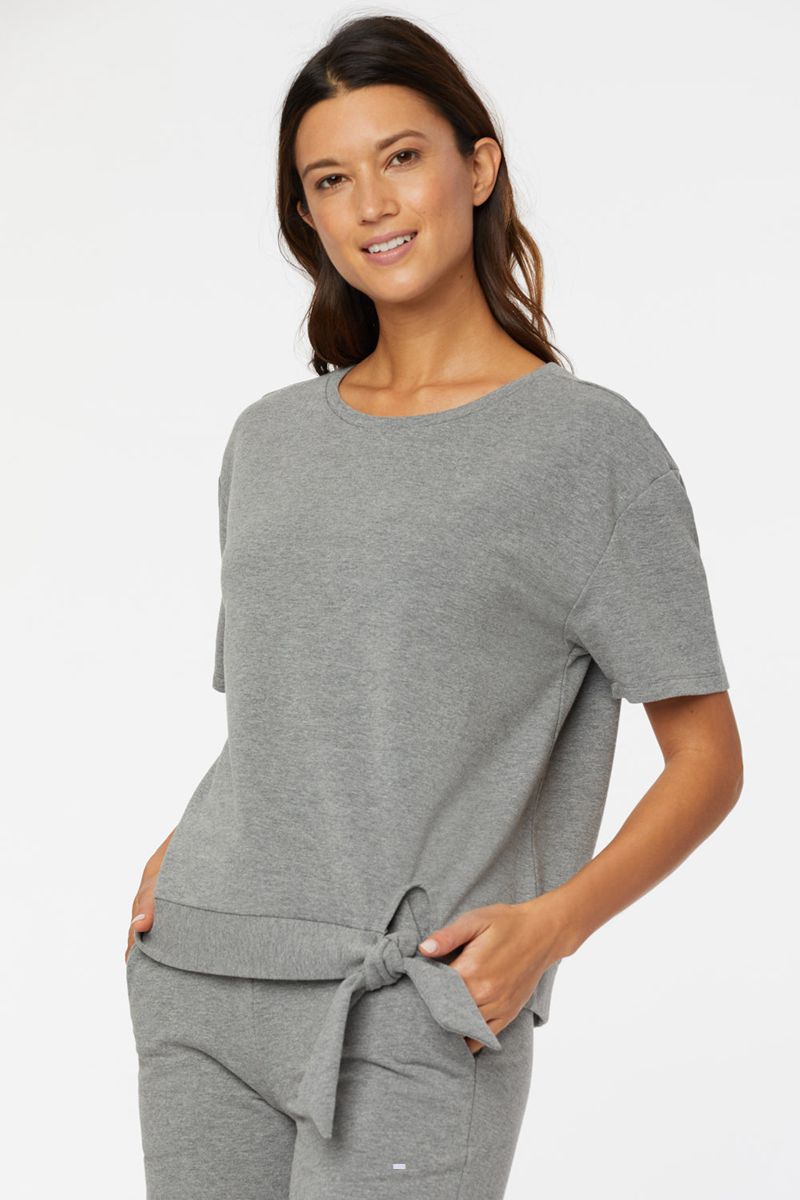 Light Grey Women\'s NYDJ Short Sleeved Tie Front Sweatshirts | NZ 532OHQBDU