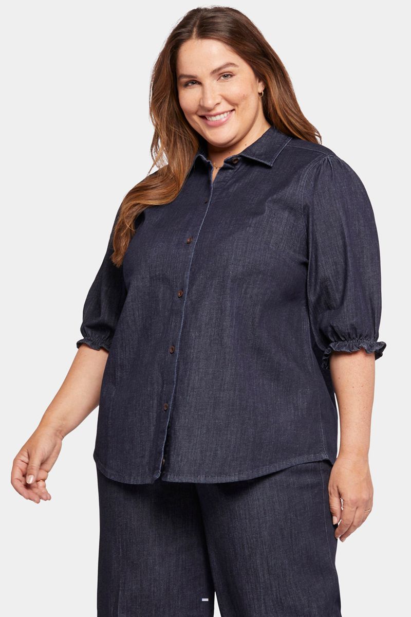 Navy Women's NYDJ Plus Smocked Sleeve Denim Shirts | NZ 069TFQHKX