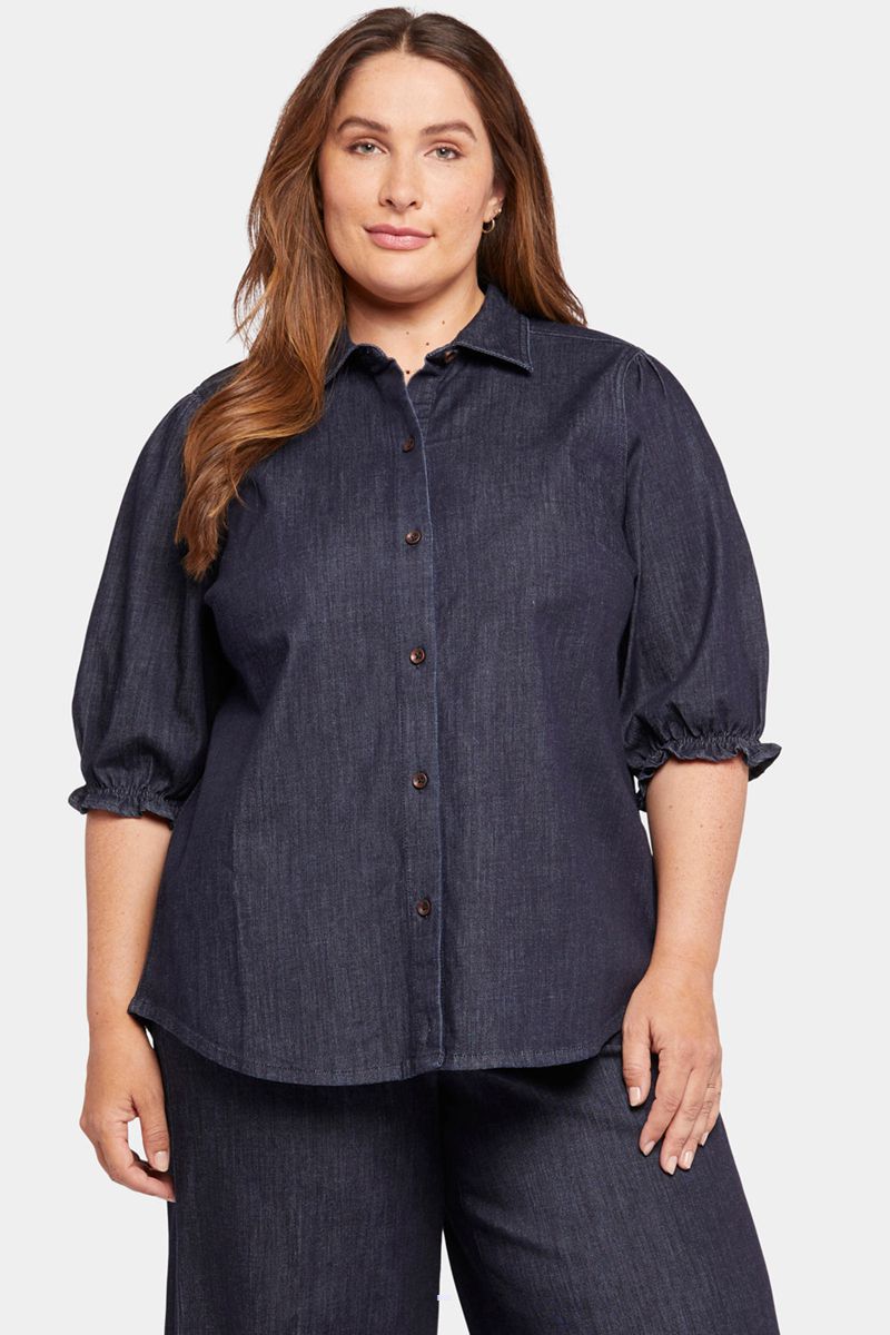 Navy Women\'s NYDJ Plus Smocked Sleeve Denim Shirts | NZ 069TFQHKX