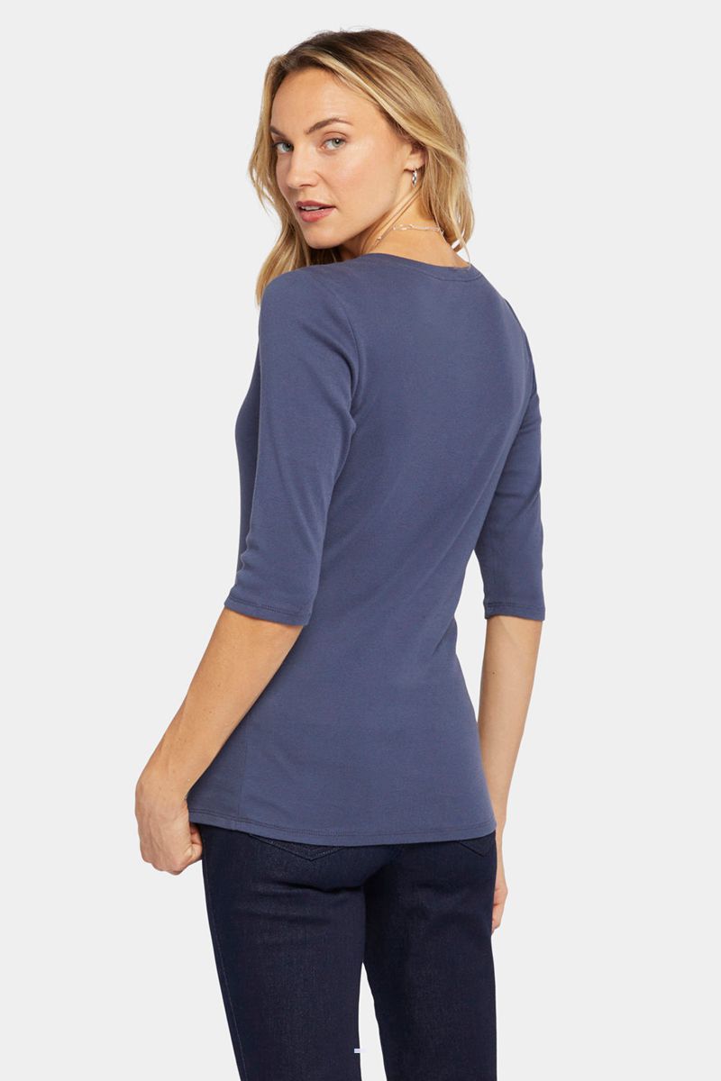 Navy Women's NYDJ Ribbed V-Neck T-Shirts | NZ 213GWNFUM