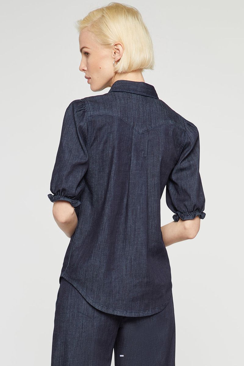 Navy Women's NYDJ Smocked Sleeve Denim Shirts | NZ 471RCFQJZ