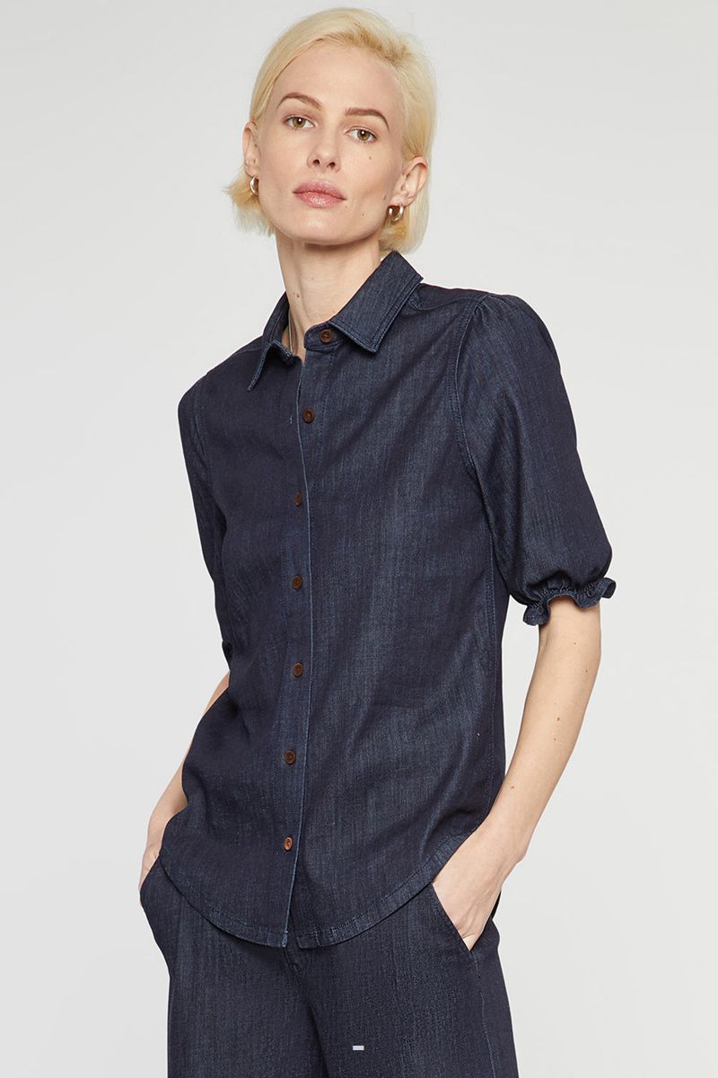 Navy Women's NYDJ Smocked Sleeve Denim Shirts | NZ 471RCFQJZ