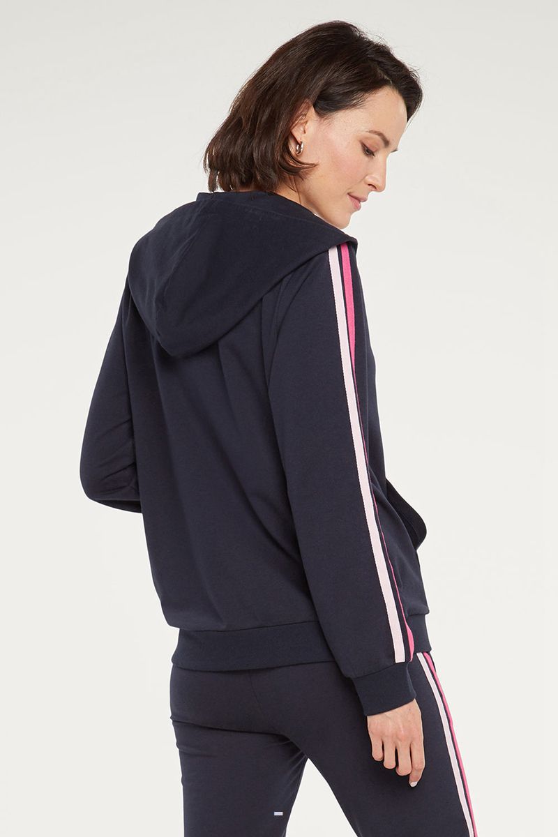 Navy Women's NYDJ Zip Front With Sleeve Stripes Hoodie | NZ 078VYJUCZ