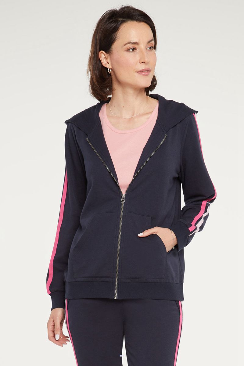 Navy Women's NYDJ Zip Front With Sleeve Stripes Hoodie | NZ 078VYJUCZ