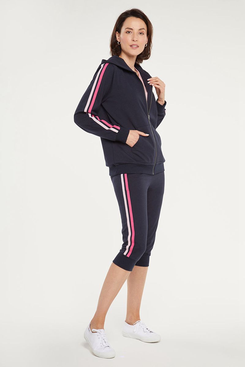 Navy Women's NYDJ Zip Front With Sleeve Stripes Hoodie | NZ 078VYJUCZ