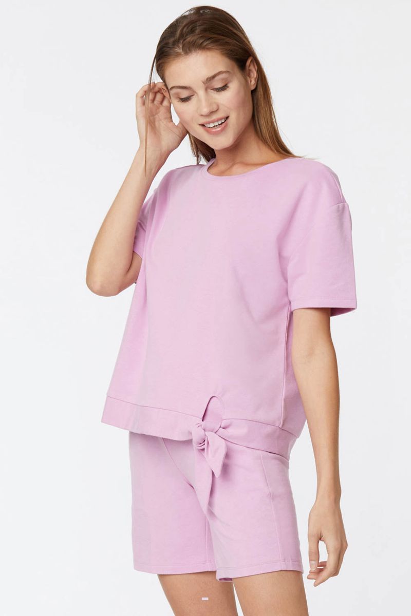 Pink Women's NYDJ Short Sleeved Tie Front Sweatshirts | NZ 458CVJQUH