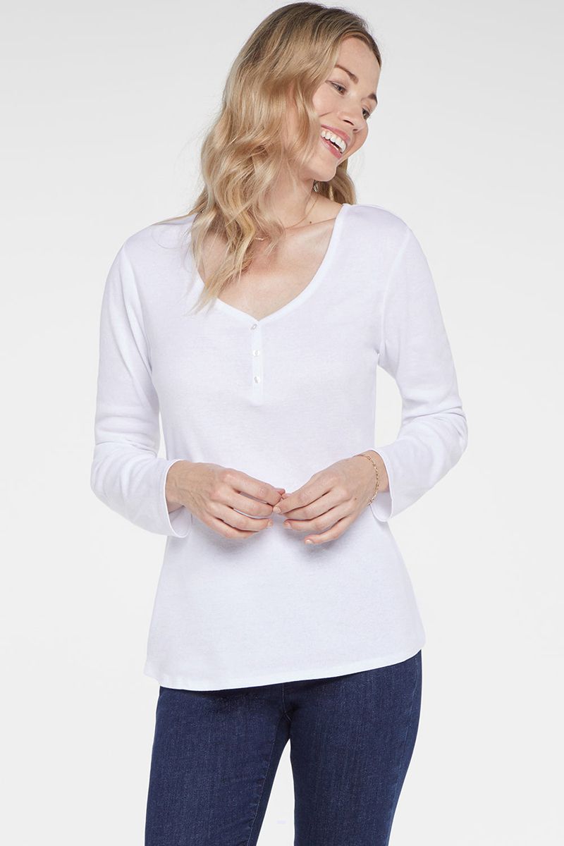 White Women's NYDJ Ribbed Long Sleeved Henley Shirts | NZ 507WVKUFT