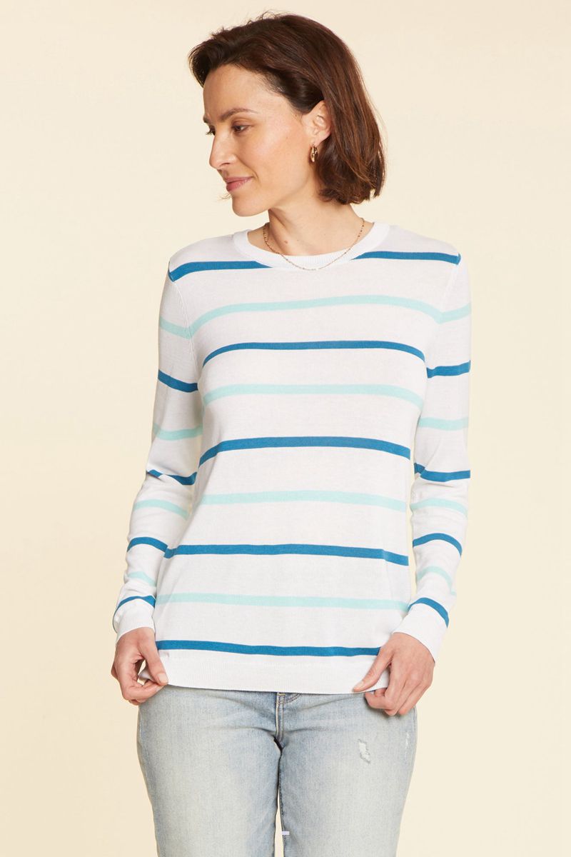 White Women's NYDJ Striped Crewneck Sweaters | NZ 794BKJEHN