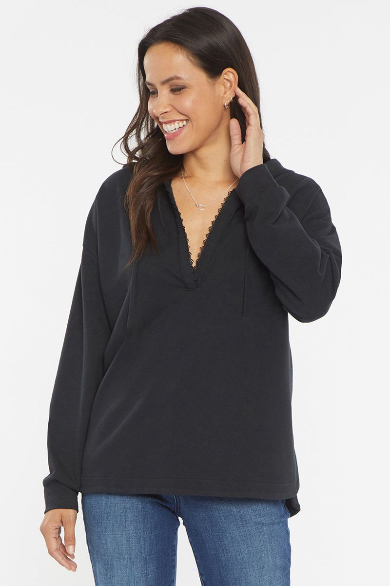 Black Women's NYDJ Lace Trimmed Pullover Hoodie | NZ 163UQIRNL