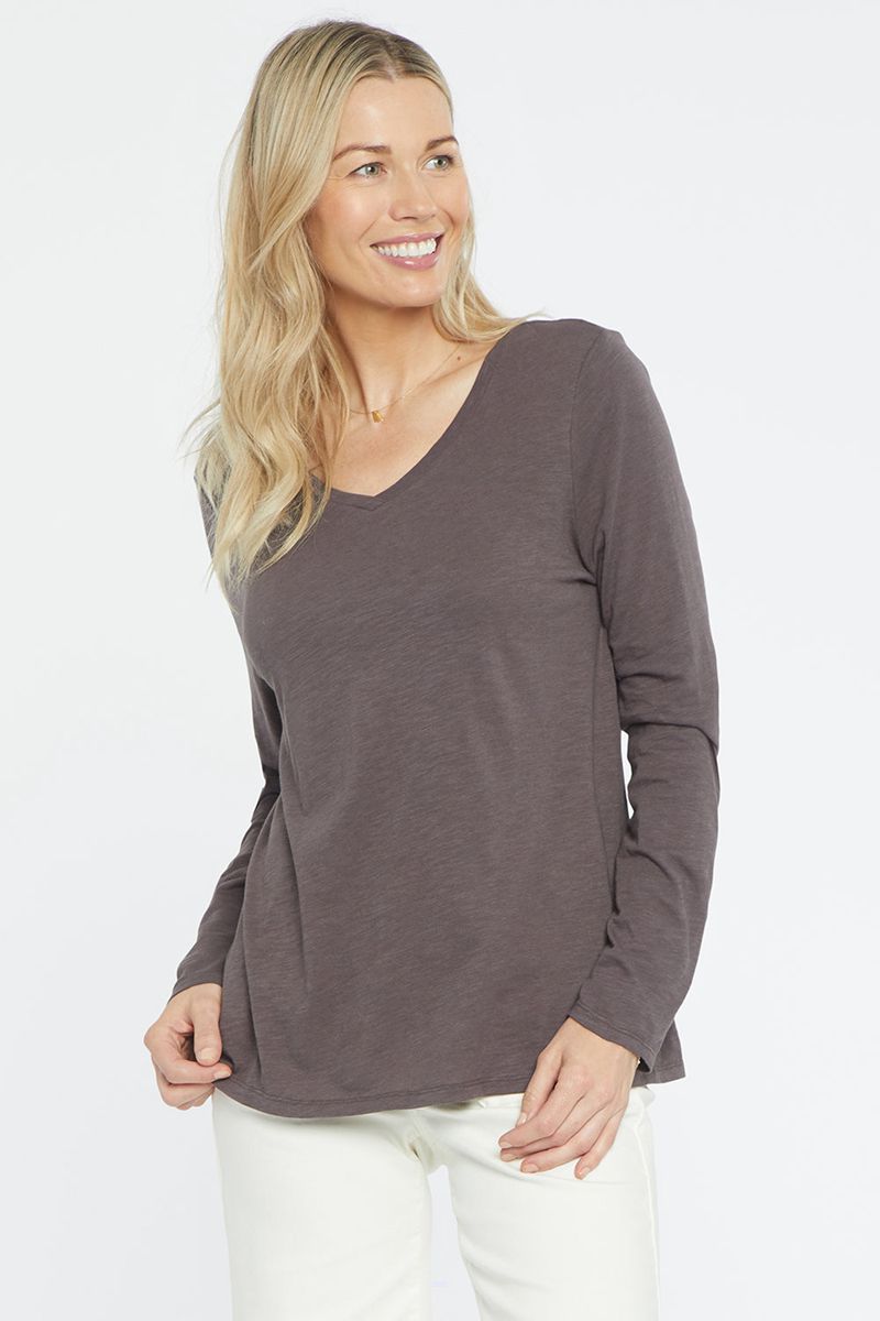 Grey Women's NYDJ Long Sleeved V-Neck T-Shirts | NZ 736CZQYKM