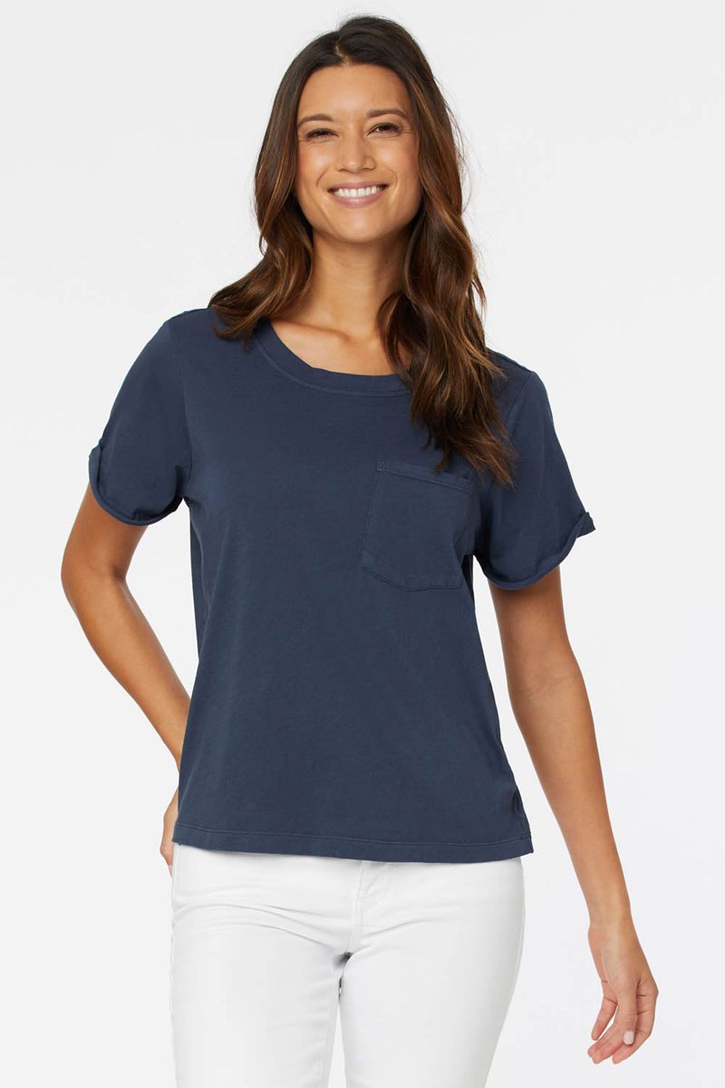 Navy Women's NYDJ Cuffed Crewneck Pocket T-Shirts | NZ 817GNIPCF