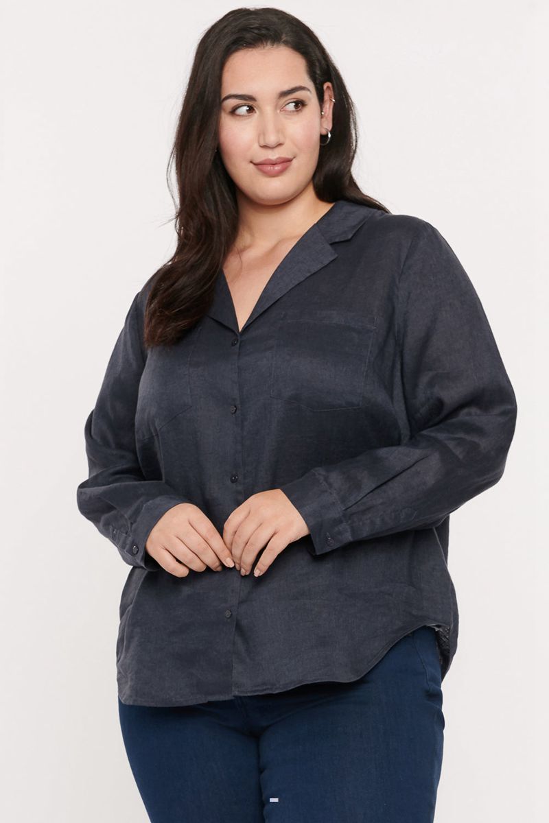 Navy Women's NYDJ Plus Linen Blouse | NZ 348FOKJEG