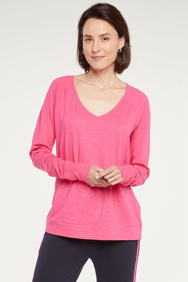 Pink Women's NYDJ Long Sleeved V-Neck T-Shirts | NZ 658LTWQEB